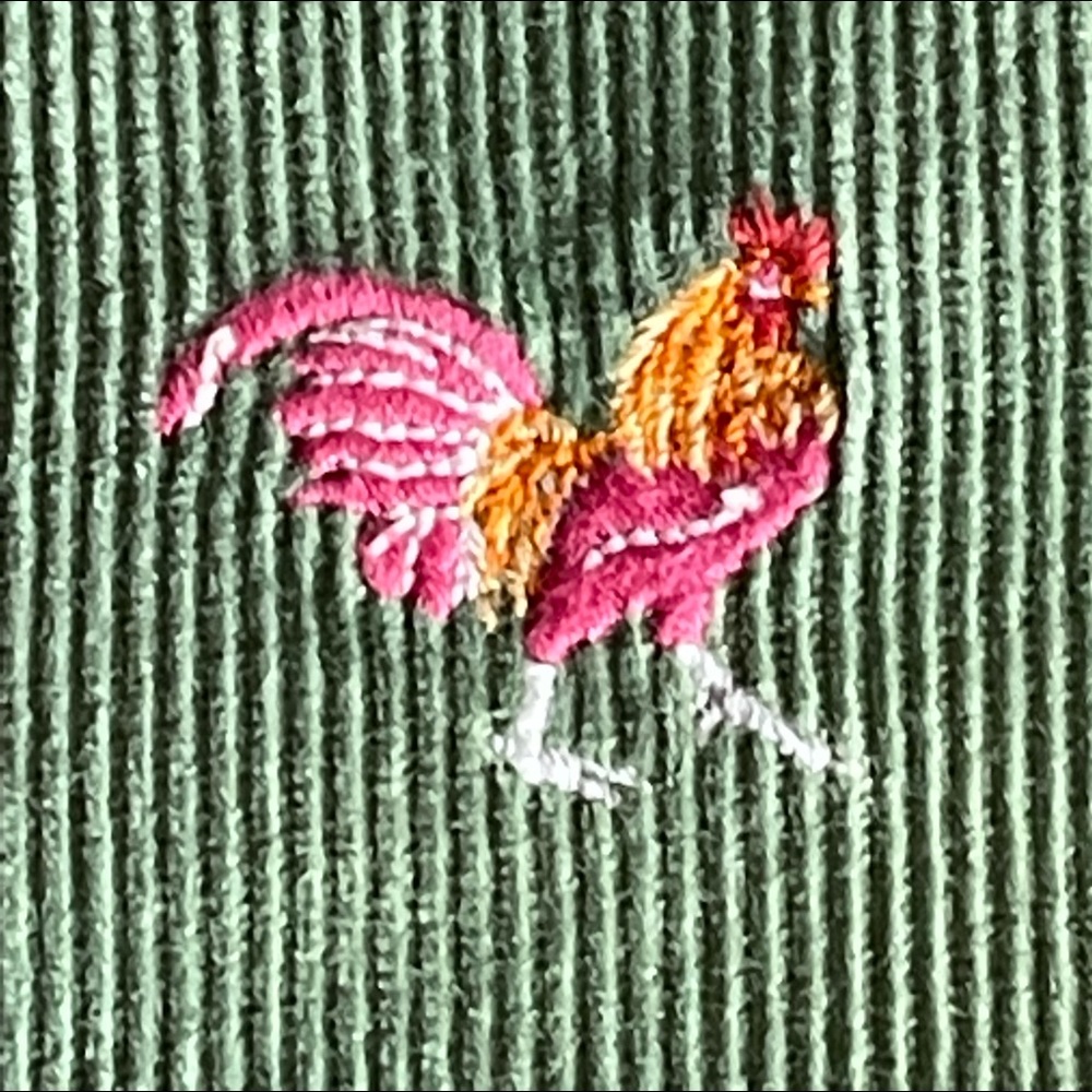 J. Crew Green Corduroy Boot-Cut Pants with Pink & Orange Embroidered Chickens - Picture 2 of 7